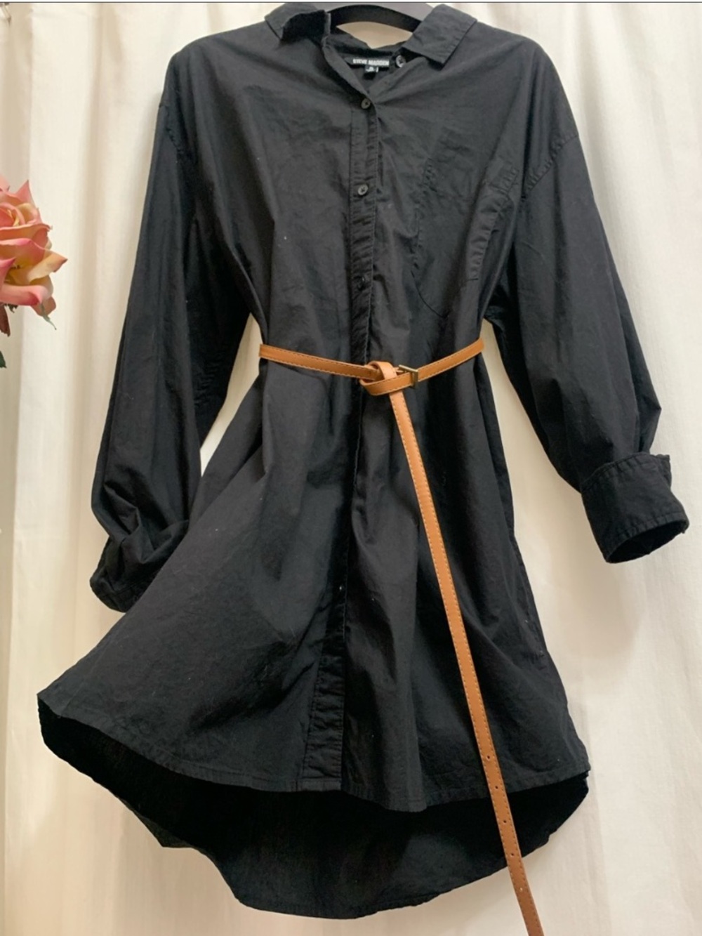 Steve Madden Black Cotton Long Sleeve Button-Down Mini Shirt Dress
